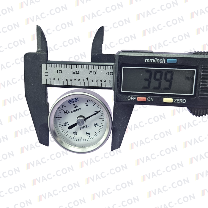 Flat instrument glass stainless steel gauge A52.040/S, 0...120°C M8 x 1.25 - VAC-CON Ltd