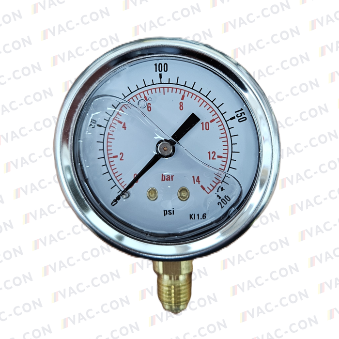 200 psi / 14 Bar 1/4" BSPP Glycerine Filled Pressure Gauge Bottom Entry 63mm