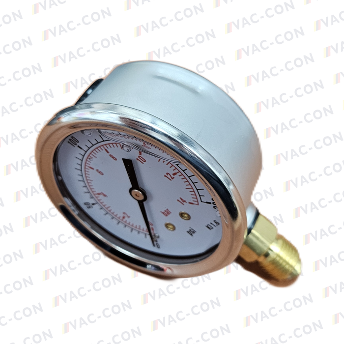 200 psi / 14 Bar 1/4" BSPP Glycerine Filled Pressure Gauge Bottom Entry 63mm