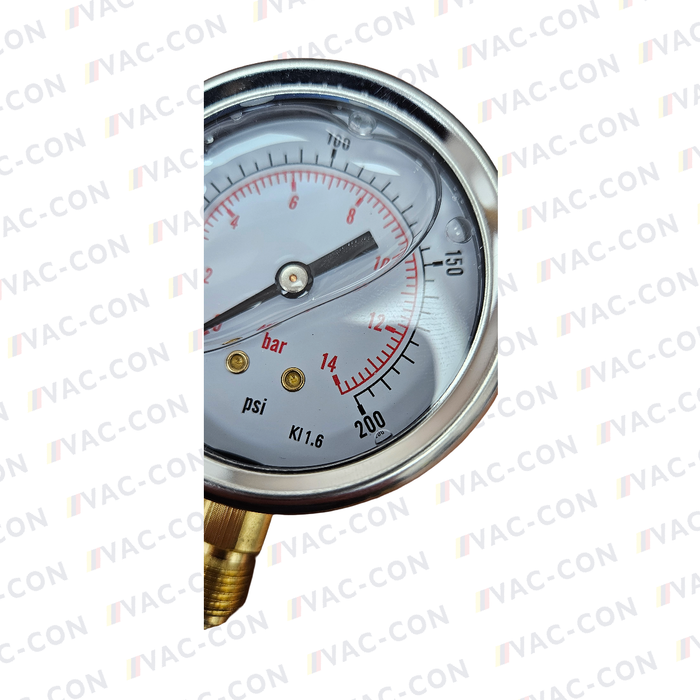 200 psi / 14 Bar 1/4" BSPP Glycerine Filled Pressure Gauge Bottom Entry 63mm