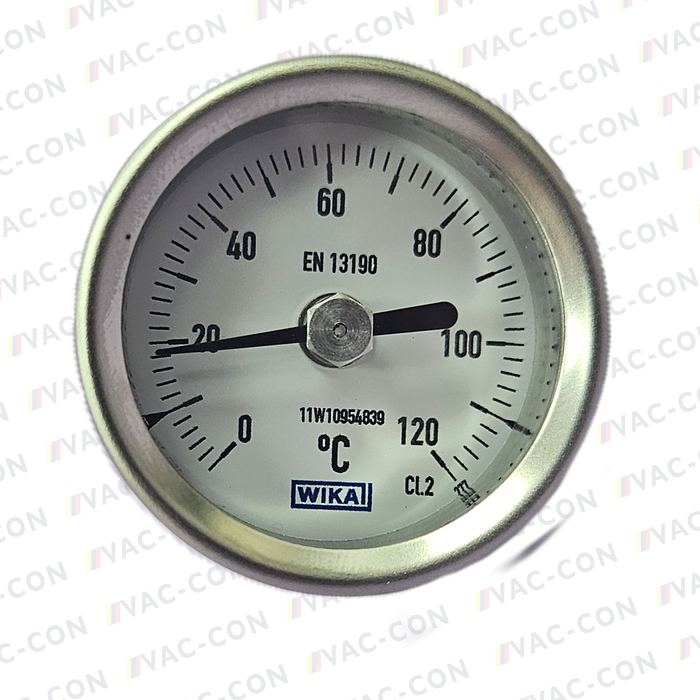 Flat instrument glass stainless steel gauge A52.040/S, 0...120°C M8 x 1.25 - VAC-CON Ltd