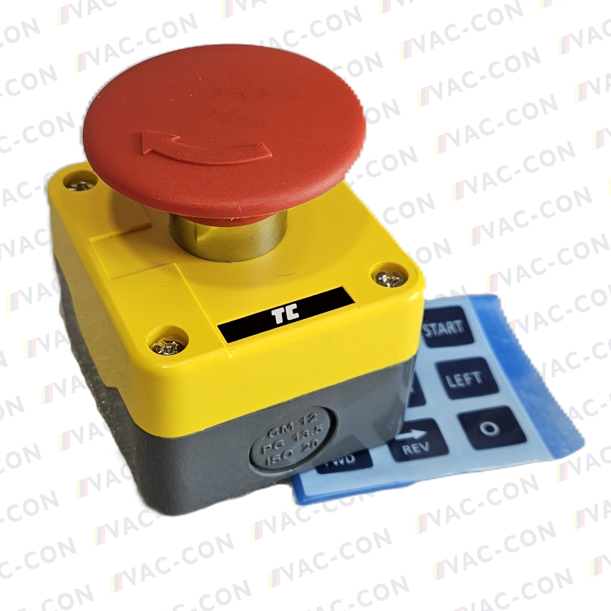 Emergency Stop in 60mm yellow box — VAC-CON Ltd